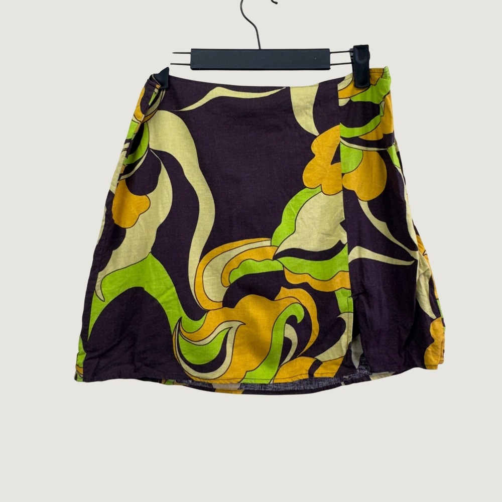 Urban Outfitters Linen Blend Skirt M Purple Yellow Floral Retro 70s Mini‎ Skirt